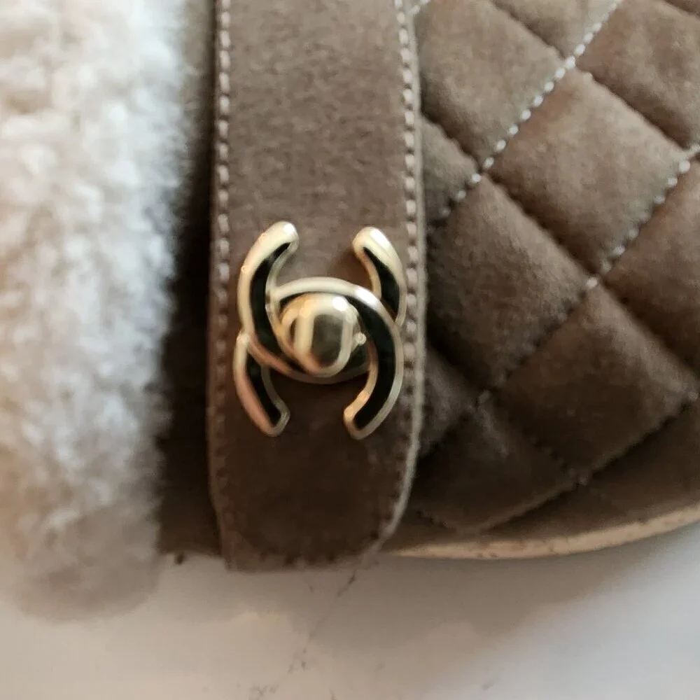 Chanel Suede Calfskin Shearling Turn Lock Clogs, Authentic